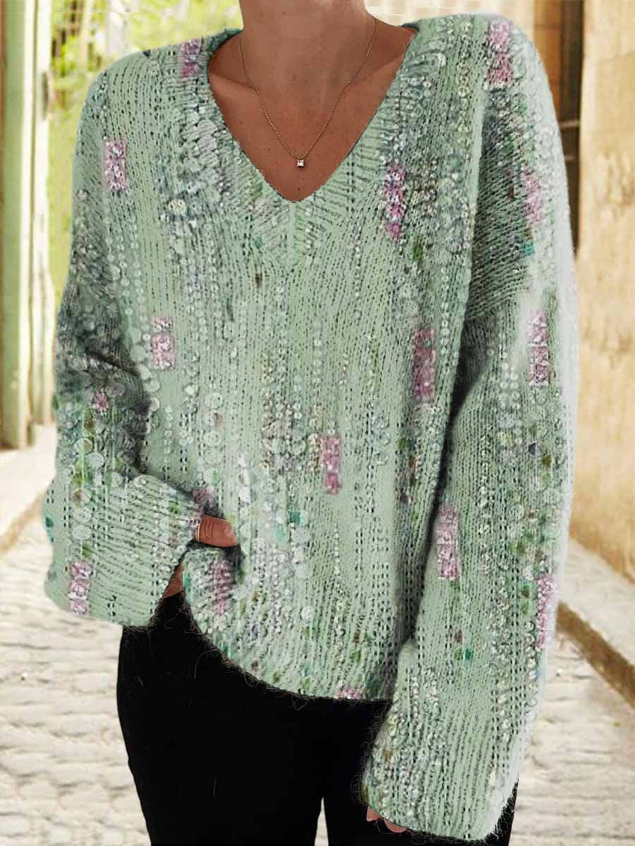 Women's Retro Texture Art Pattern Casual V-Neck Knit Sweater