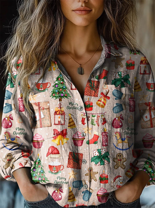 Watercolor Christmas Pattern Printed Women's Casual Long Sleeve Comfortable Cotton Shirt