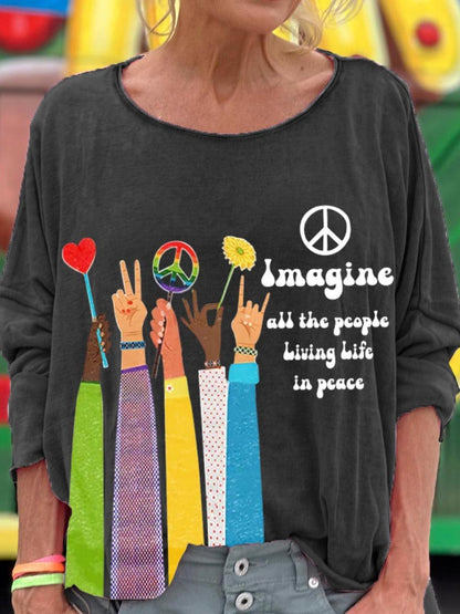 Women's Imagine All The People Living Life In Peace Art Pattern Print T-shirt