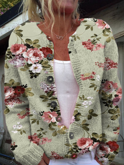 Elegant Casual Floral Print Buttoned Cardigan Sweater