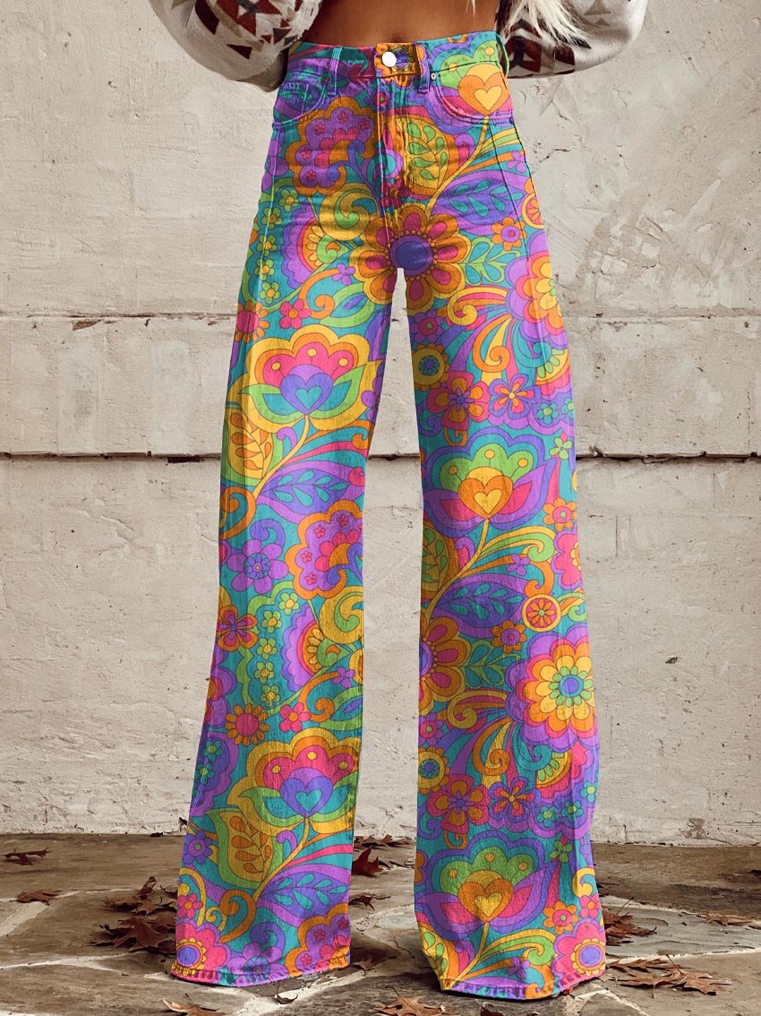 Women's Hippie Vintage Flowers Print Casual Wide Leg Pants