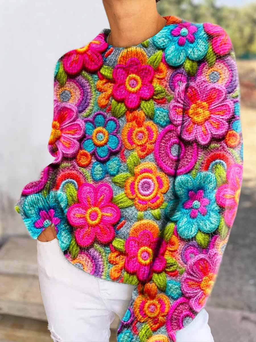 Women's Colorful Embroidered Flowers Seamless Pattern Casual V-neck Pullover Knitted Sweater