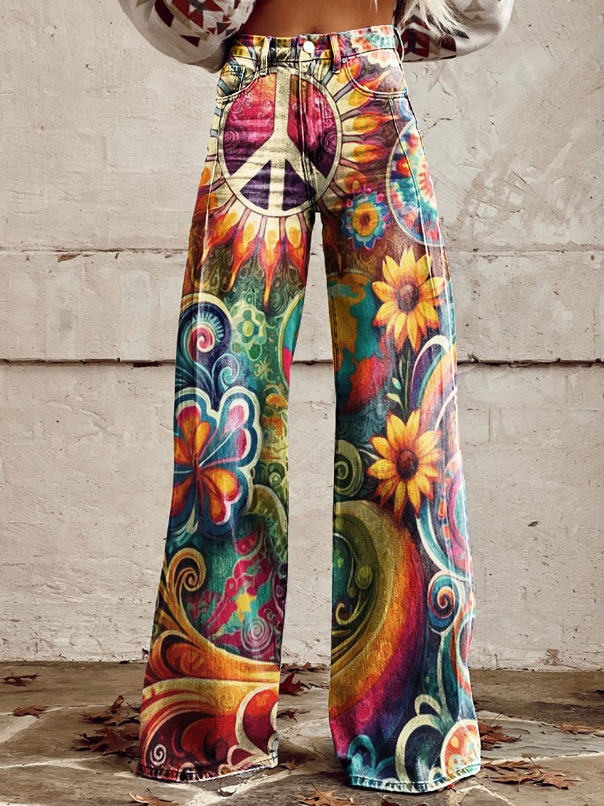 Women's Vintage Hippie Floral Rainbow Art Print Casual Wide Leg Pants