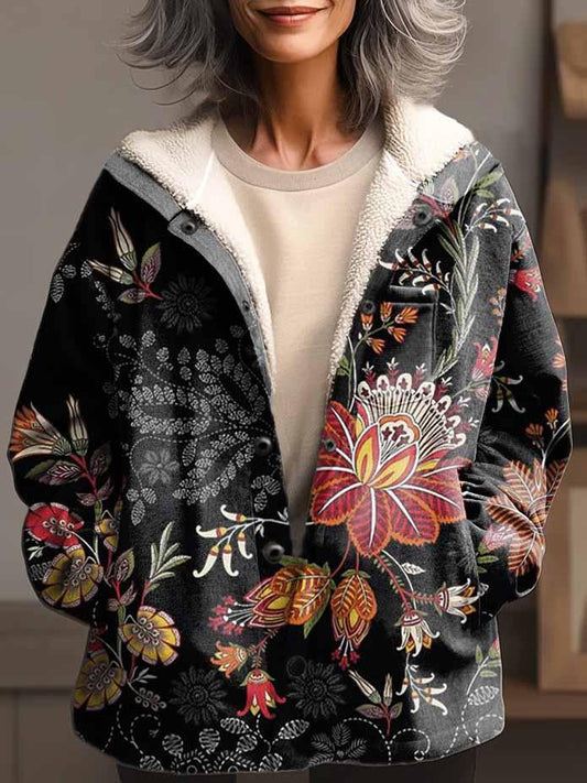 Women's Ethnic Art Print Waffle Plush Thick Long-Sleeved Hooded Coat