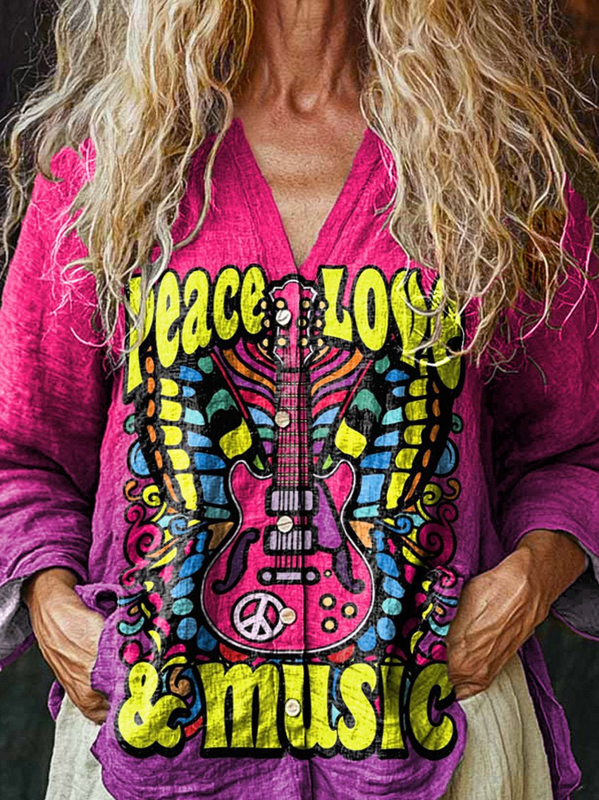 "Peace, Love & Music" Hippie inspired Graphic Printed Women's Linen And Cotton V-Neck Casual Shirt