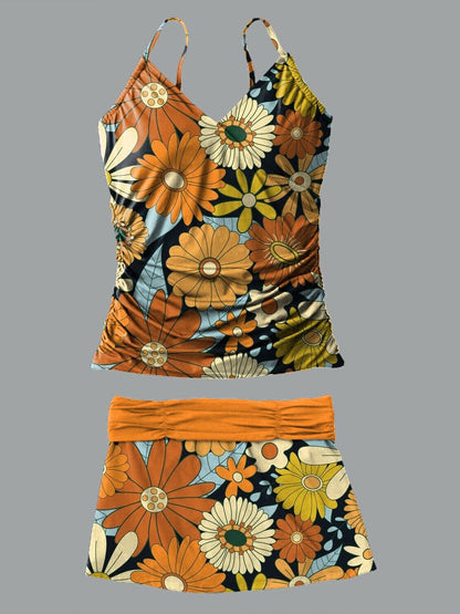 V-Neck Black Orange Flowers Vigate Hippie Peace Print Suspender Skirt Tankini Pantskirt Set Swimsuit