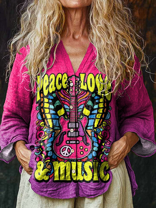 "Peace, Love & Music" Hippie inspired Graphic Printed Women's Linen And Cotton V-Neck Casual Shirt