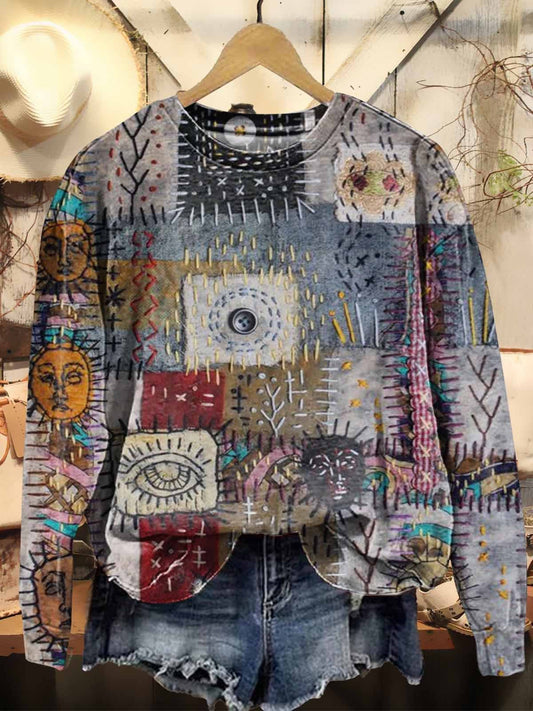 Women's Retro Patchwork Art Print Casual Sweatshirt