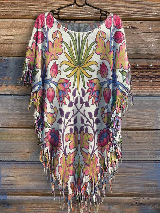 Women's Vintage Flowers Print Punk Hippie Batwing Tussle Fringes Poncho Dress