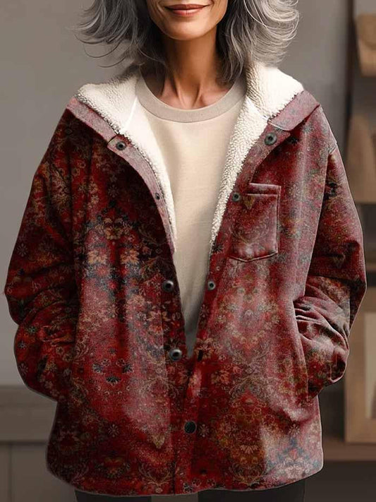 Women's Vintage Folk Art Print Waffle Plush Thick Hooded Coat