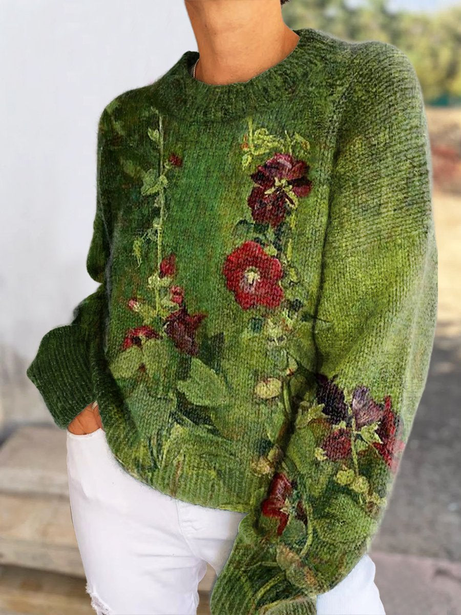 Women's Vintage Ethnic Floral Art Pattern Casual V-neck Pullover Knitted Sweater