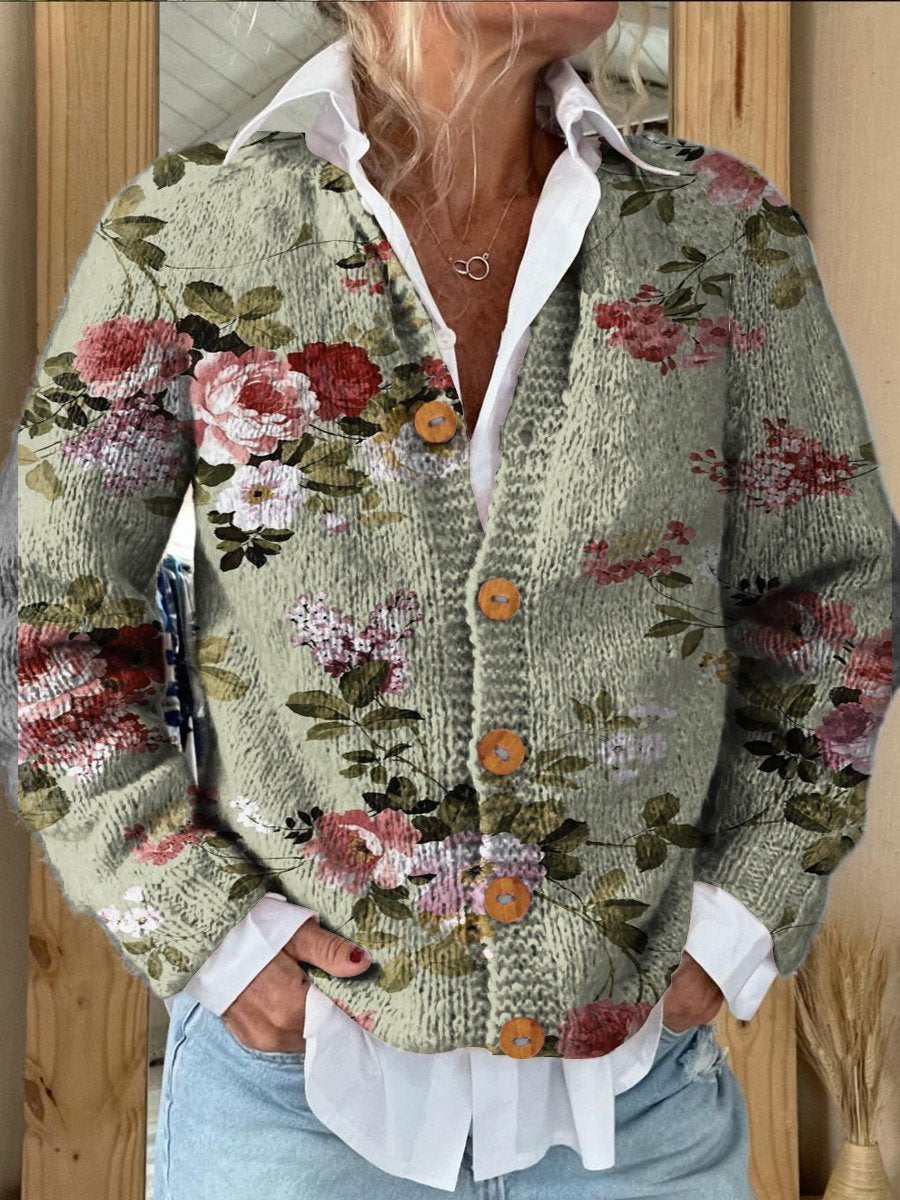 Elegant Casual Floral Print Buttoned Cardigan Sweater