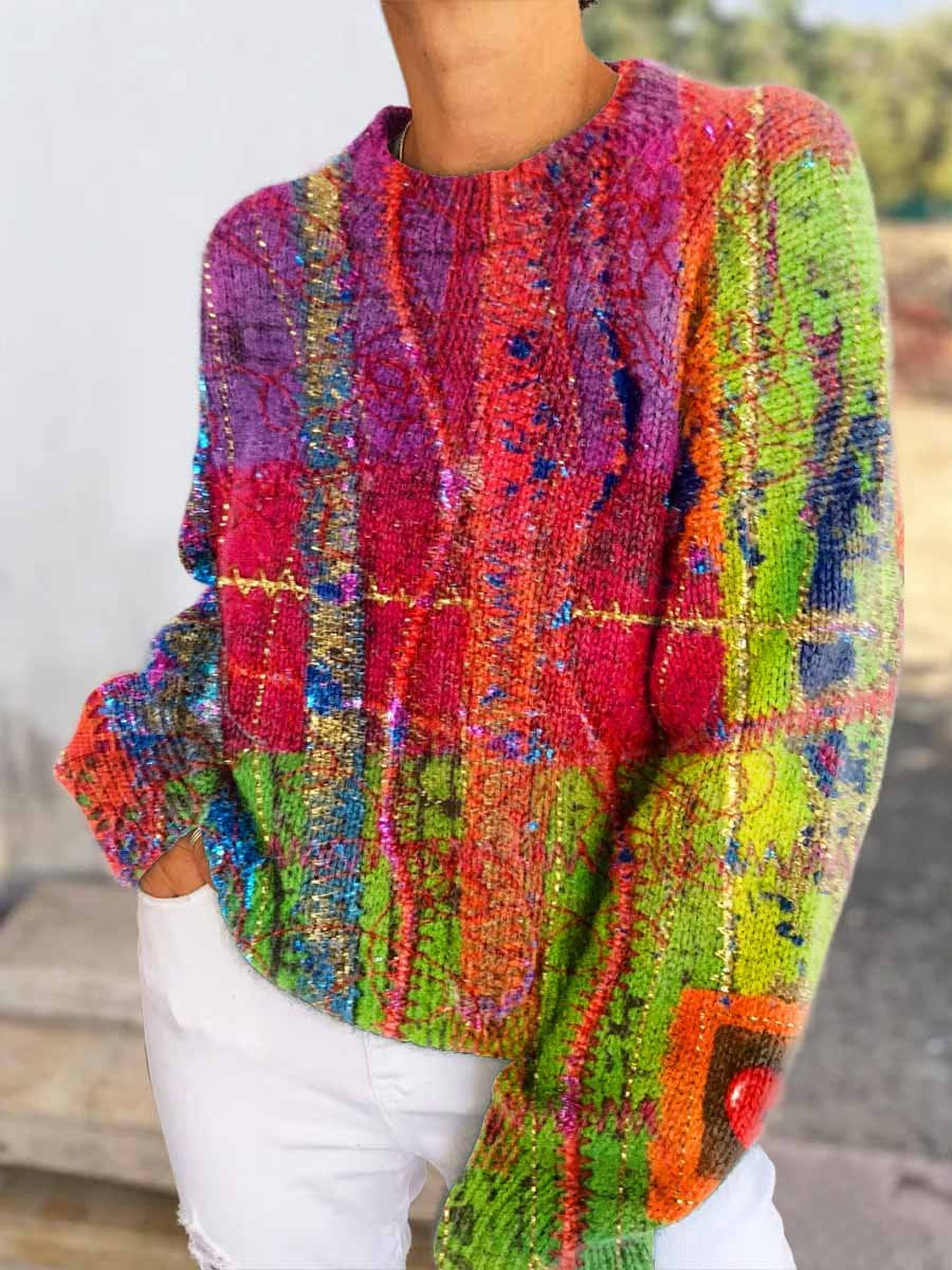 Women's Colorful Patchwork Art Casual V-neck Pullover Knitted Sweater