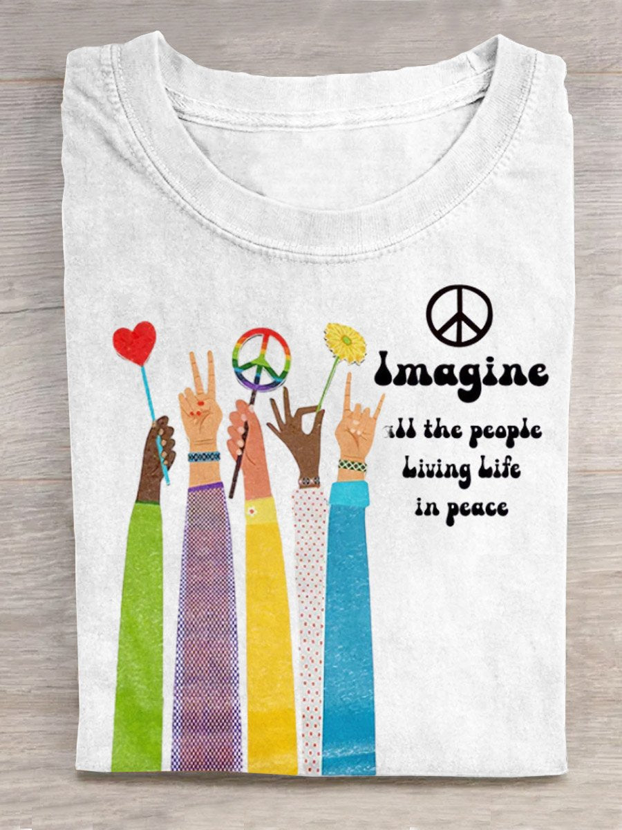 Imagine All The People Living Life in Peace Art Print Casual T-shirt