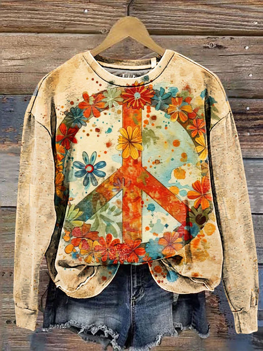 Vintage Love And Peace Flower Art Print Casual Sweatshirt