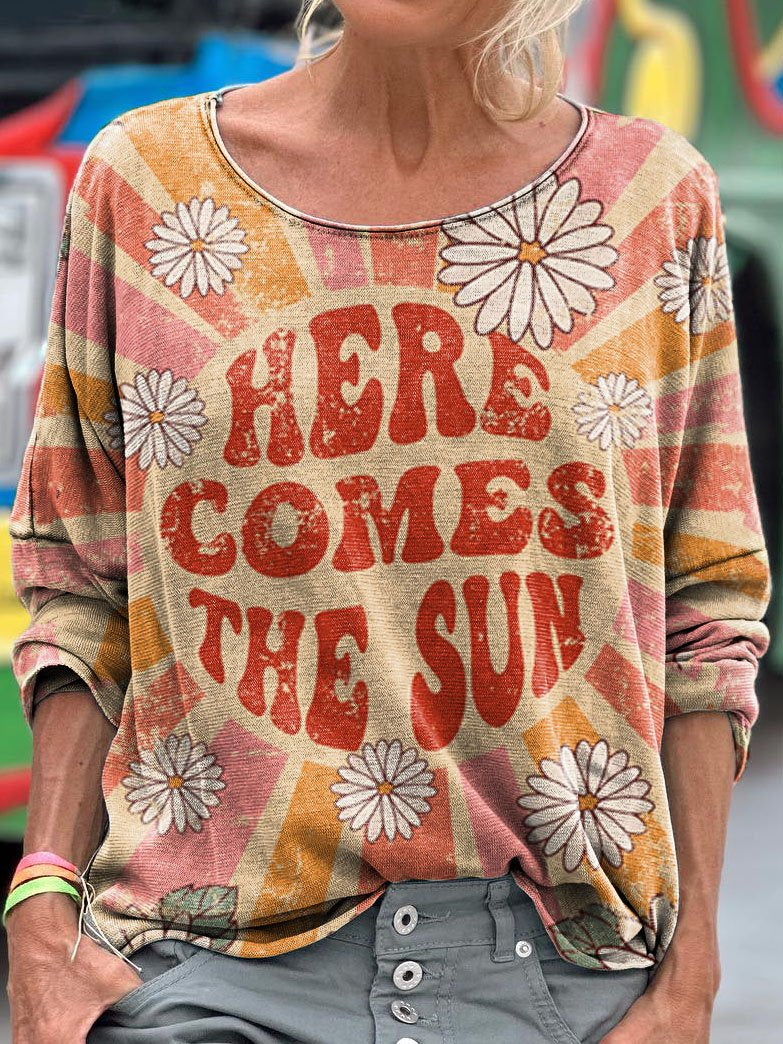 Women's Here Comes The Sun Pattern Long Sleeve T-shirt