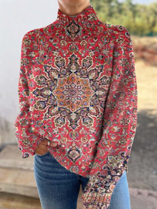 Women's Retro Ethnic Art Print Knitted Turtleneck Pullover