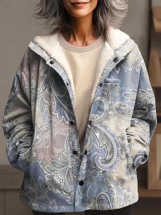 Women's Boho Folkloric Pattern Print Waffle Plush Thick Long-Sleeved Hooded Coat