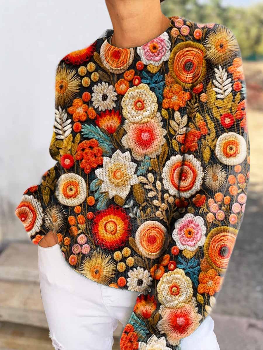 Women's Flower Embroidery Seamless Pattern Casual V-neck Pullover Knitted Sweater