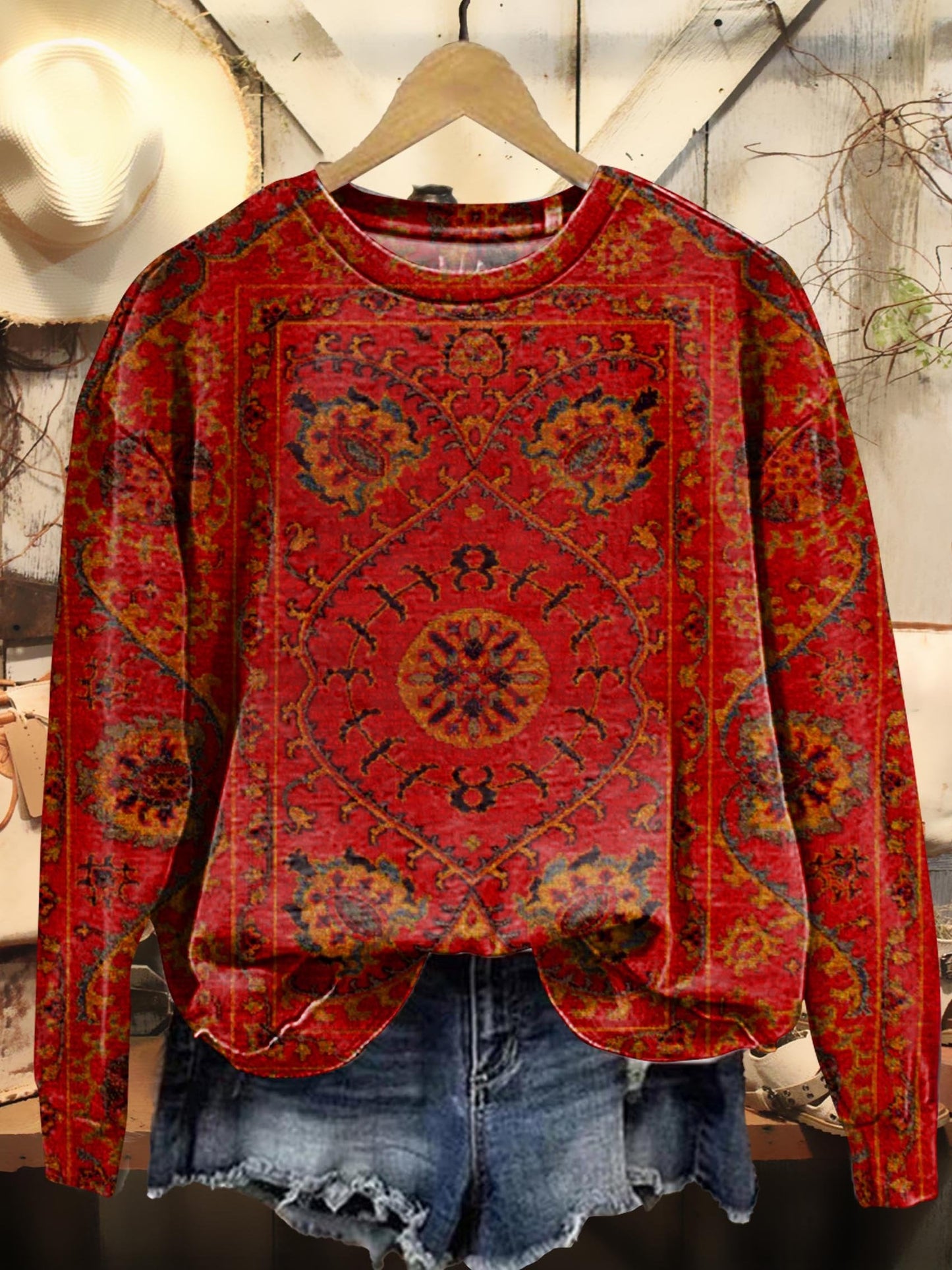 Retro Floral Totem Print Casual Sweatshirt