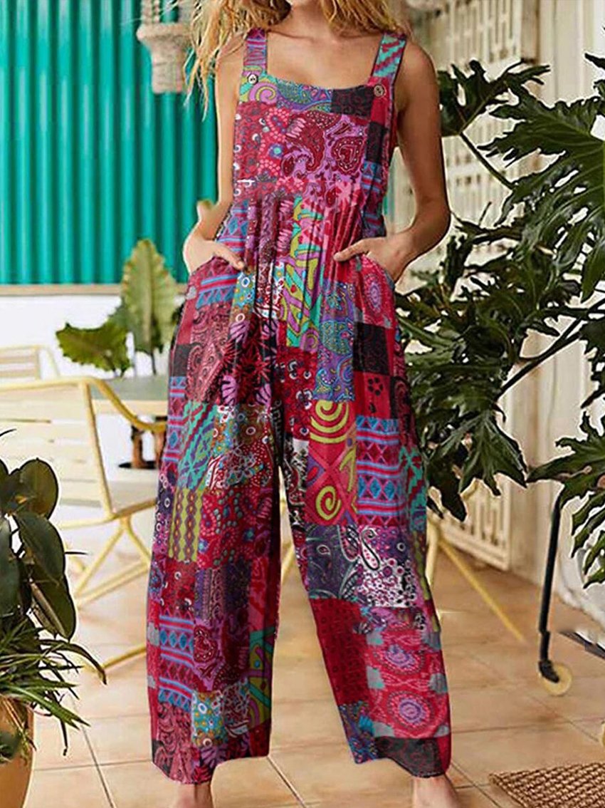 Floral Pattern Hippie Art Print Casual 100% Cotton Wide Leg Jumpsuit