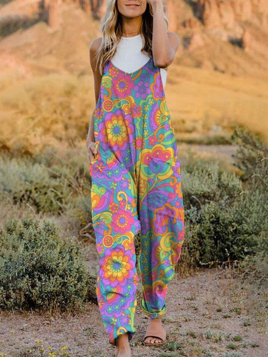 Women's Retro Hippie Floral Print Casual 100% Cotton Jumpsuit