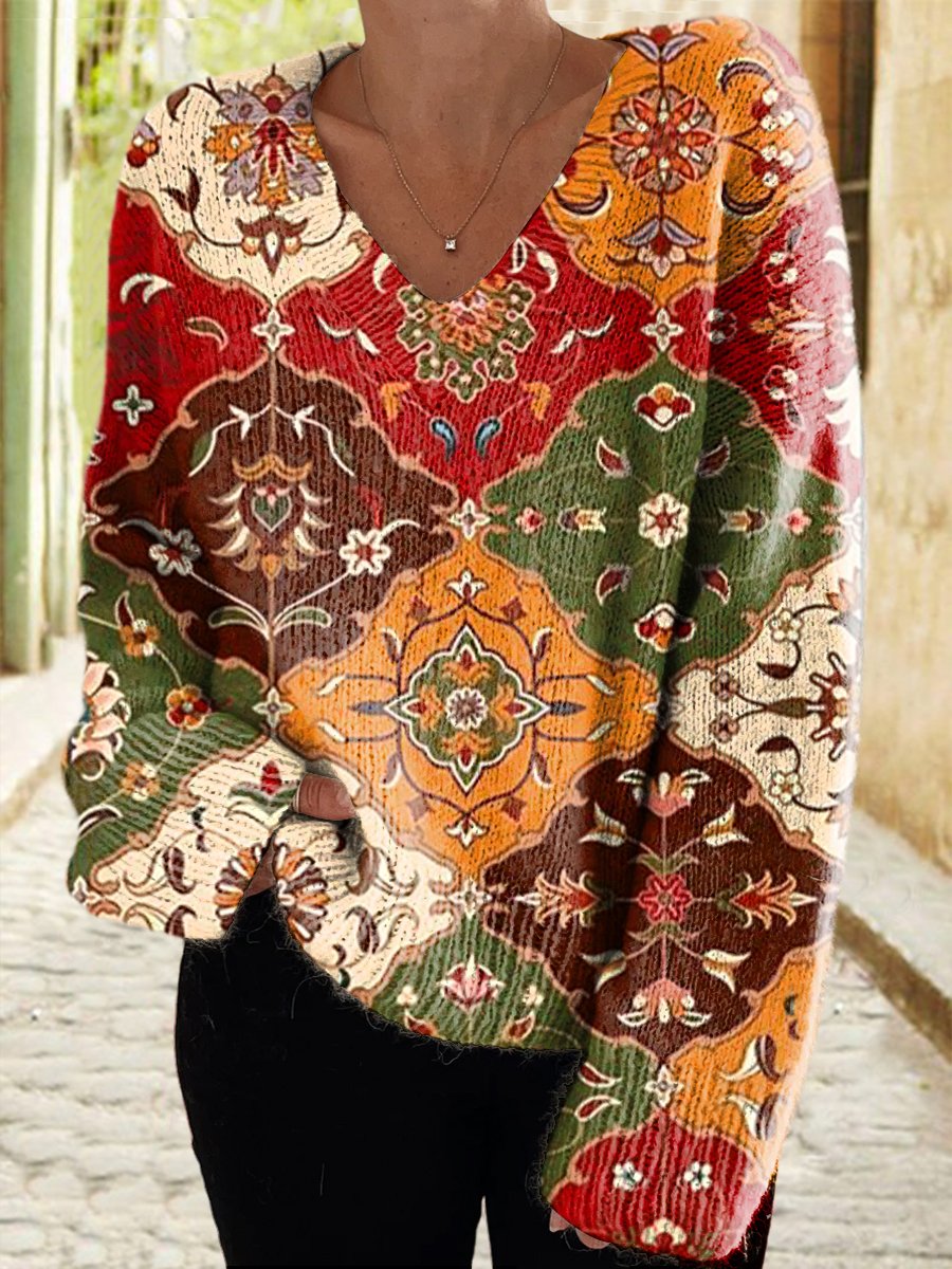 Women's Vintage Floral Casual V Neck Pullover Cardigan Sweater