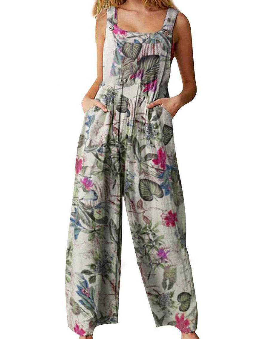 Floral Pattern Hippie Art Print Casual 100% Cotton Wide Leg Jumpsuit