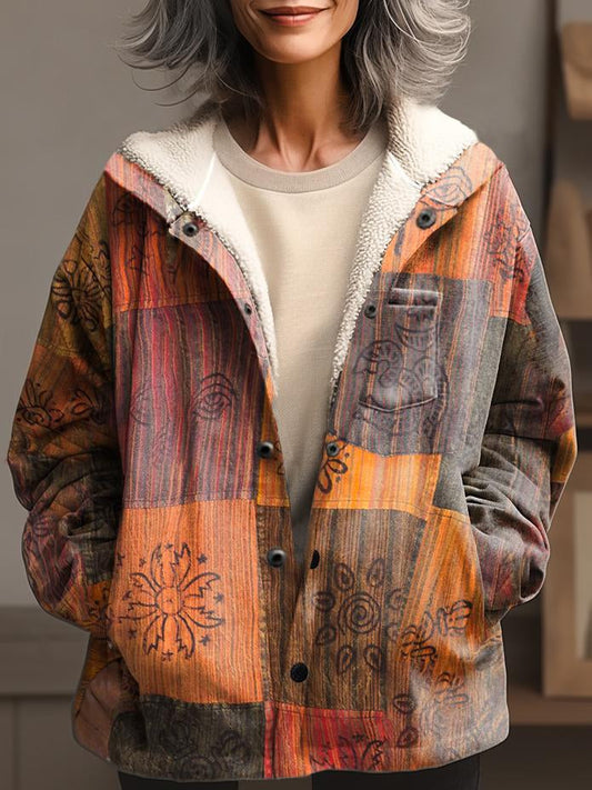 Women's Patchwork Pattern Print Waffle Plush Thick Long-Sleeved Hooded Coat