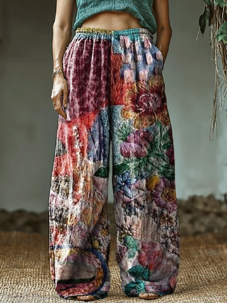 Women's Vintage Art Print Cotton and Linen Casual Pants