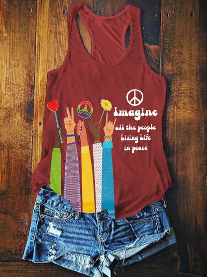 Women's Imagine All The People Living Life In Peace Art Print Tank Top