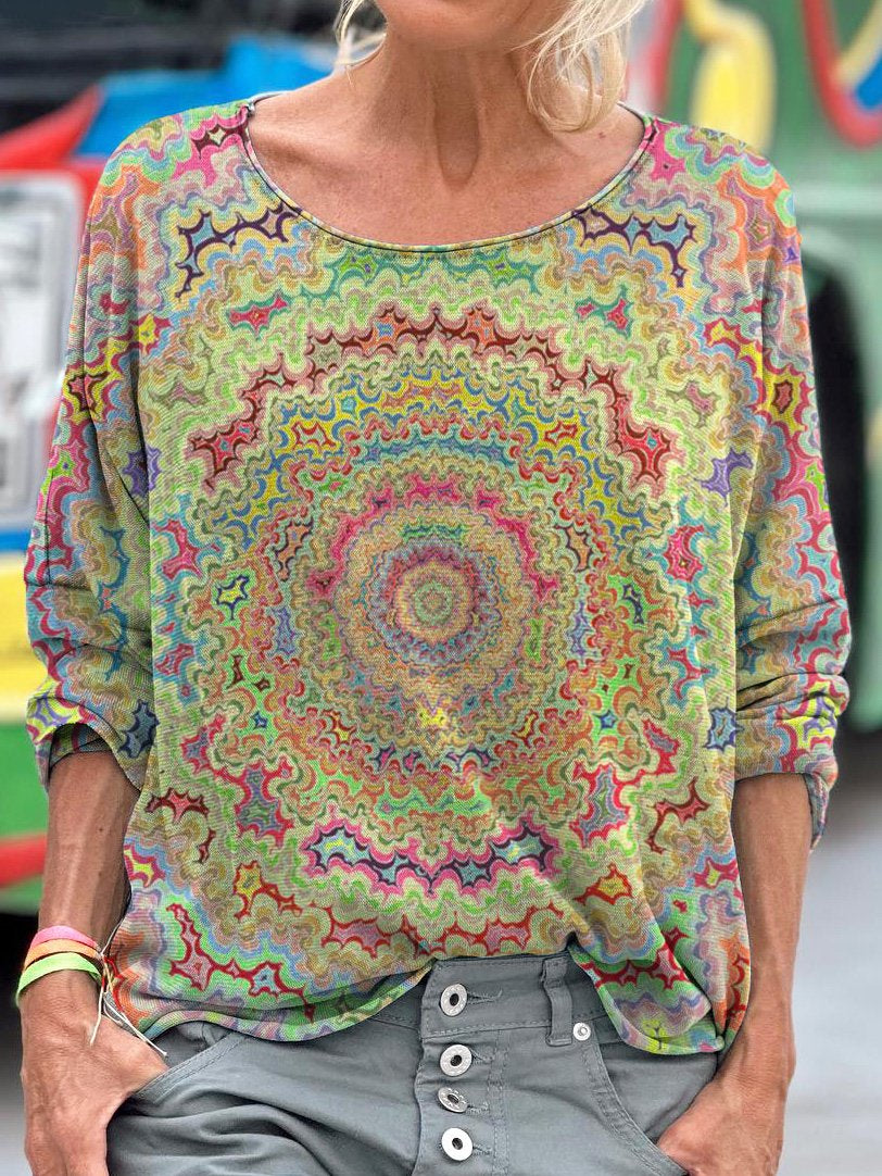 Colorful Psychedelic Mandala Art Print Casual Long Sleeve T-shirt