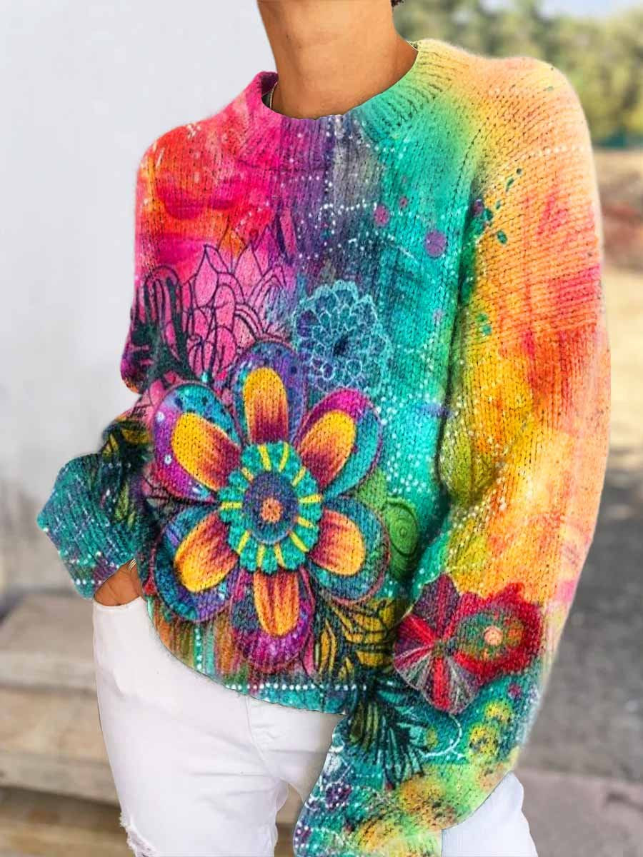 Women's Vintage Rainbow Sunflower Pattern Casual V-neck Pullover Knitted Sweater