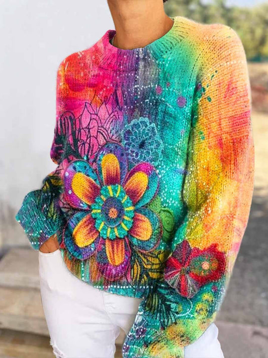 Women's Vintage Rainbow Sunflower Pattern Casual V-neck Pullover Knitted Sweater