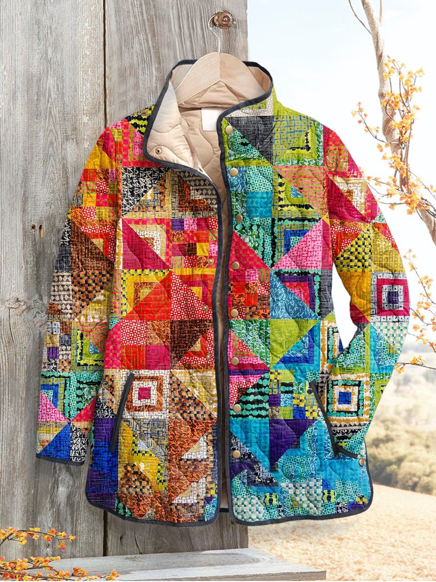 Women's Retro Geometry Art Print Casual Quilted Cardigan Coat