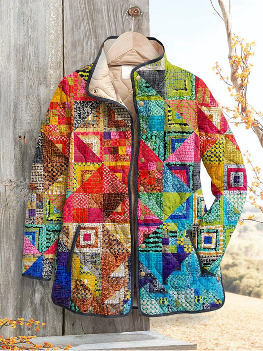 Women's Retro Geometry Art Print Casual Quilted Cardigan