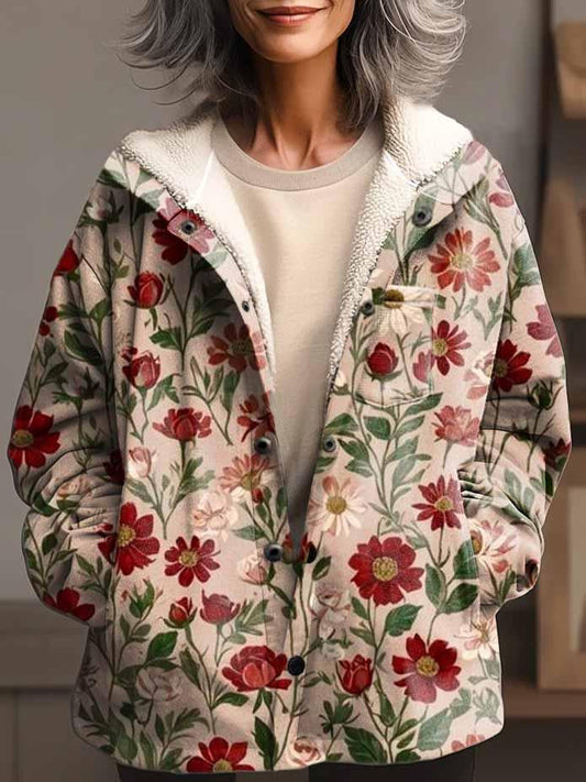 Women's Folk Art Floral Pattern Print Waffle Plush Thick Long-Sleeved Hooded Coat