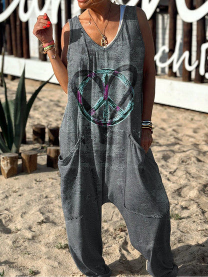 Symbol Pattern Hippie Art Print Casual 100% Cotton Wide Leg Jumpsuit