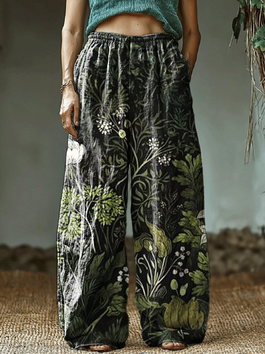 Women's Floral and Plant Art Print Cotton and Linen Casual Pants