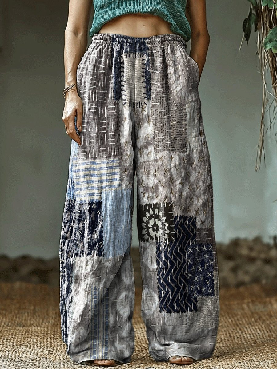 Women's Retro Patchwork Printed Cotton And Linen Casual Pants