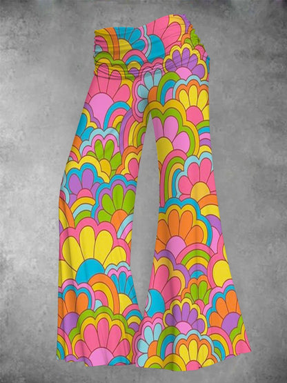 Women's Retro Hippie Flower Art Print Wide Leg Pants