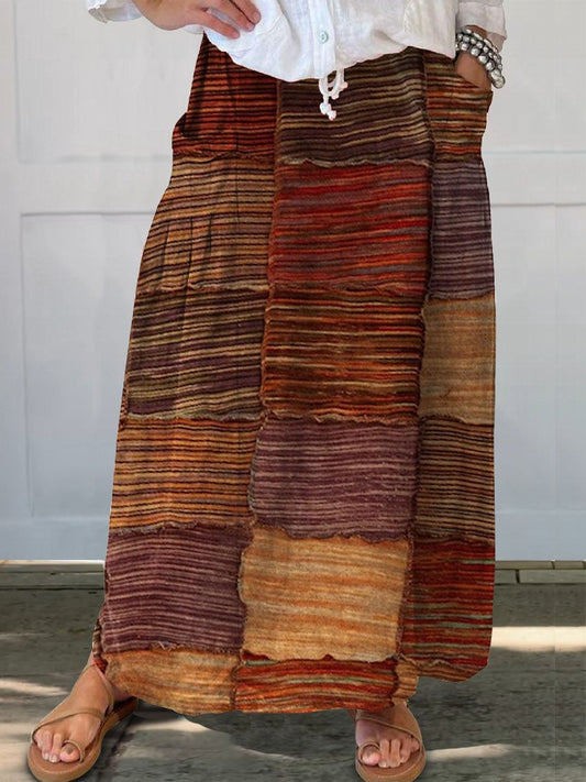 Women's Vintage Striped Patchwork Print Linen Pocket Skirt