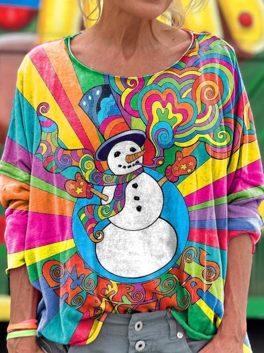 Women's Colorful Hippie Winter Snowman Print Long Sleeve T-shirt