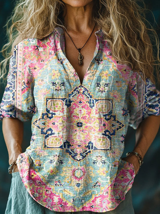 Women's Vintage Bohemian Floral Print Casual Linen V-neck Shirt