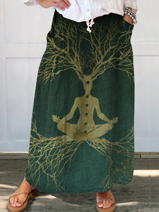 Women's Zen Meditation Print Linen Pocket Skirt