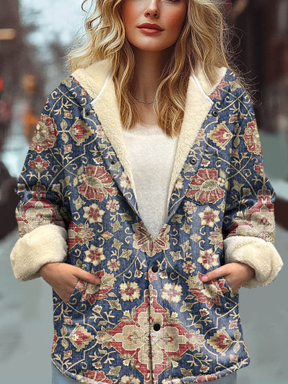 Women's Vintage Lovely Floral Art Print Waffle Plush Thick Long-Sleeved Hooded Coat