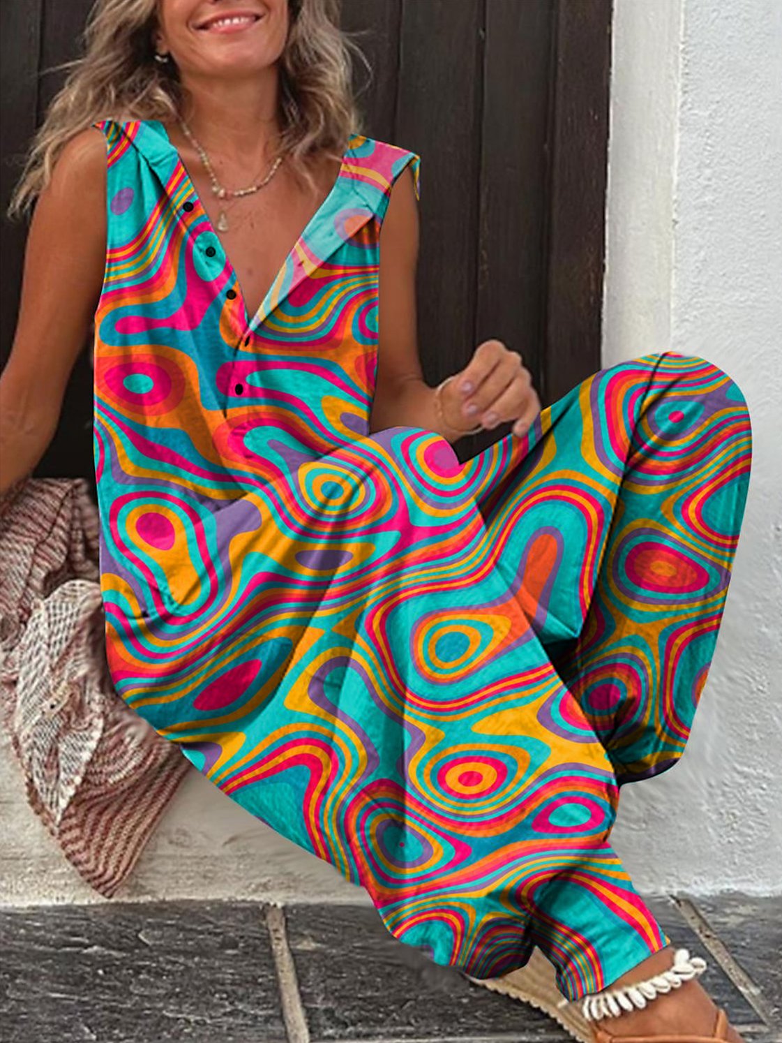 Women's Colorful Hippie Vibe Print Casual 100% Cotton Wide Leg Jumpsuit