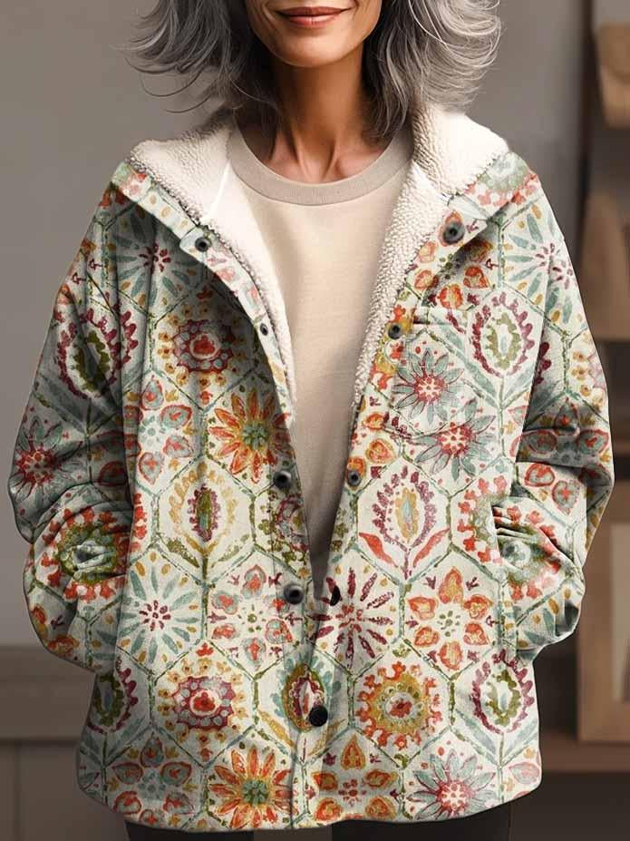 Women's Ethnic Art Print Waffle Plush Thick Long-Sleeved Hooded Coat