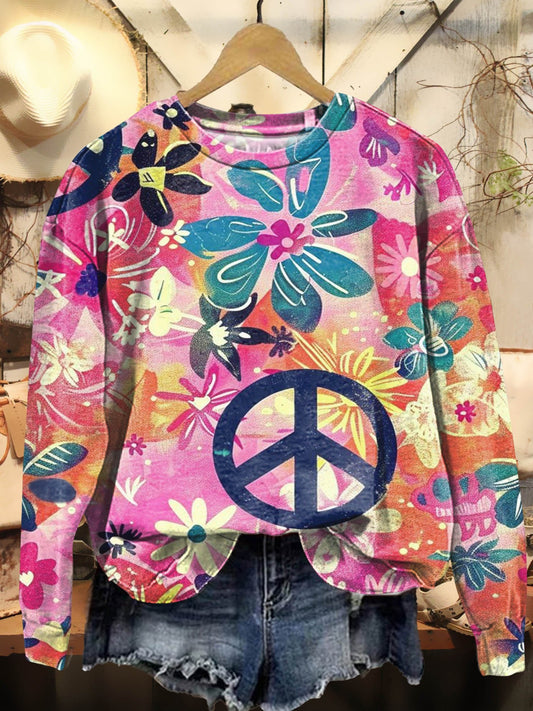 Flowers & Hippie Pattern Print Casual Sweatshirt