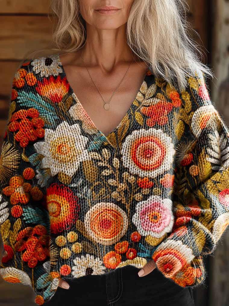 Women's Retro Floral Pattern Casual V-Neck Knit Sweater